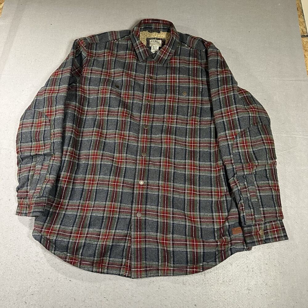 LL Bean Sherpa Lined Flannel Shacket Men’s Large Gray Plaid Reinforced Elbows